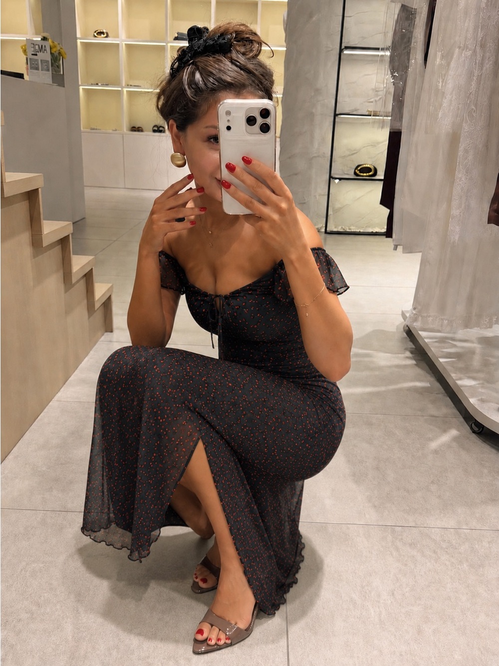 Ardene Mesh Floral Midi Dress Size XS Ruched Slit Coquette Cottagecore - Picture 6 of 14